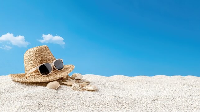 Straw Hat and Sunglasses on Sandy Beach