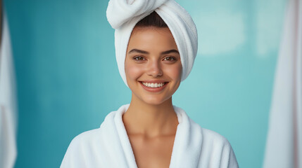 Beautiful woman smiling and wearing bathrobe and towel turban after shower