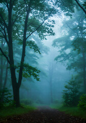 Obraz premium 深緑の森 - 幻想的な霧