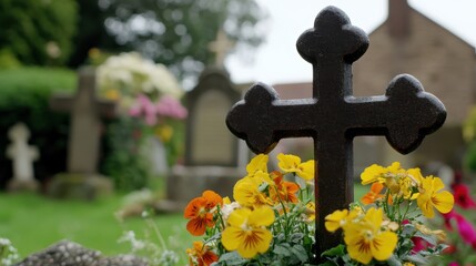 Peaceful cemetery adorned with blooming flowers and cross, imbued with a sense of reverence and tranquility.