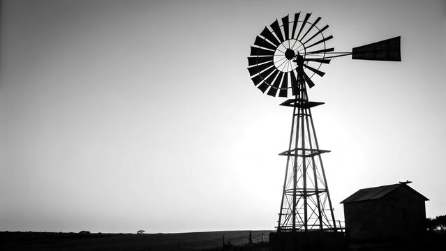 Black and White Silhouette of a Windmill in a Rural Landscape, Monochrome Photography, Farm, Windpump Windmill, Monochrome photography