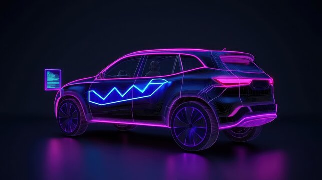A rugged SUV wireframe illuminated by futuristic light patterns, integrated with interactive digital panels and an AI interface floating beside the car.