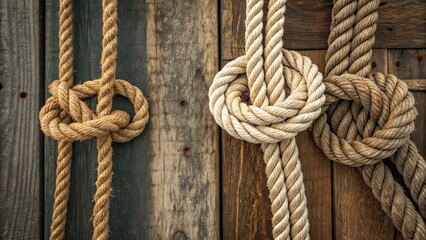 Obraz premium Double Rope Knots on Weathered Wood, Close-up Photography, Nautical Theme, Texture nautical knots, rope texture