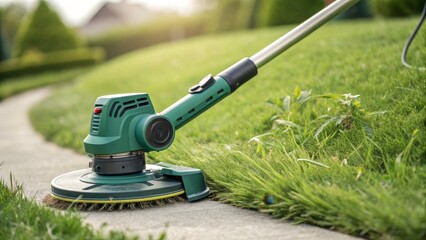 Green Electric Grass Trimmer Cutting Lawn Edge, Gardening Tool, Landscaping Equipment. Grass Trimmer, Lawn Edging