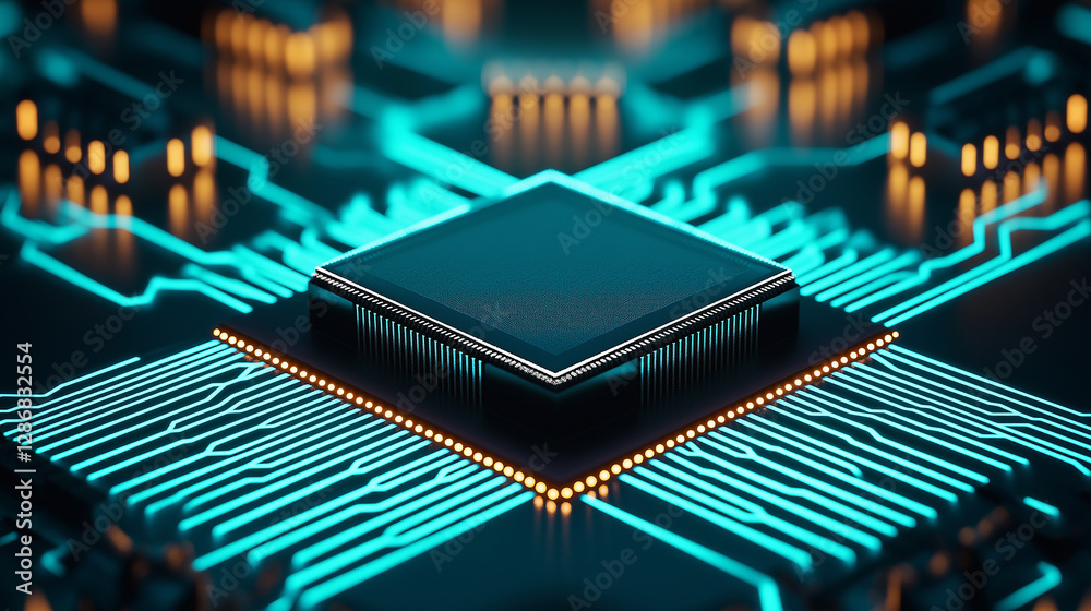 Poster Cpu processing data on motherboard with glowing circuits