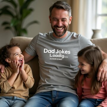 father two young daughters sitting beige couch living room father wearing grey shirt words dad jokes loading printed has big smile his face laughing while daughters looking him interest daughter