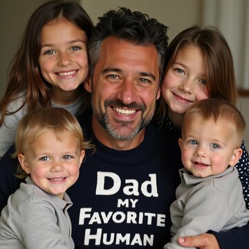 portrait father his four children father center big smile his face wearing black shirt words dad favorite human printed has dark hair beard surrounded two young girls two young boys smiling looking