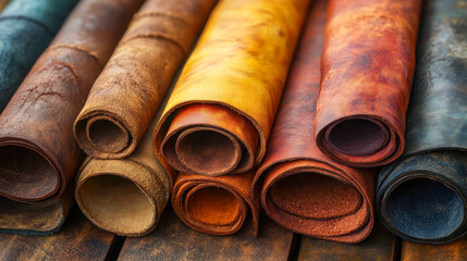 Close-up of various colored leather rolls stacked on wooden shelves, showcasing texture and craftsmanship in a workshop setting