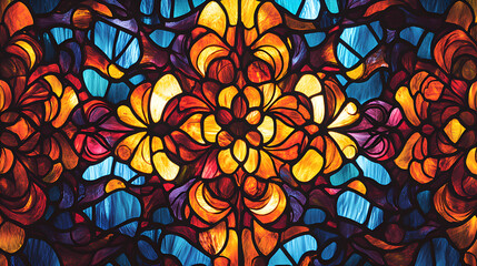 Vibrant stained glass design with intricate floral patterns in warm colors, striking artwork, decorative composition, copy space