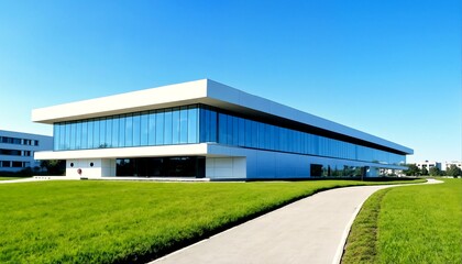 Fototapeta premium A modern office building with large windows and a flat roof is situated on a grassy lawn with a sidewalk leading to it.