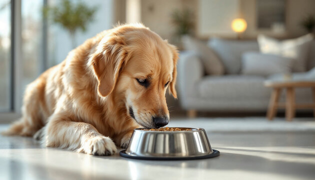 A golden retriever enjoys its meal in a cozy, modern home, with natural light highlighting its content expression.