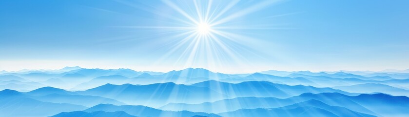 A bright sun is shining on a blue sky with mountains in the background