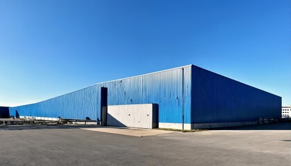 Fototapeta premium A large blue warehouse building with a parking lot and a clear blue sky.