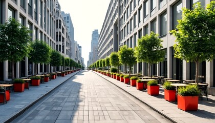 Obraz premium A long sidewalk lined with red planters and trees on either side of the street.