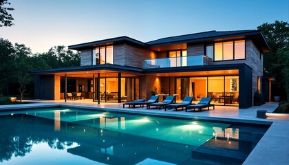 Fototapeta premium Luxurious Modern House with a Swimming Pool and Deck.