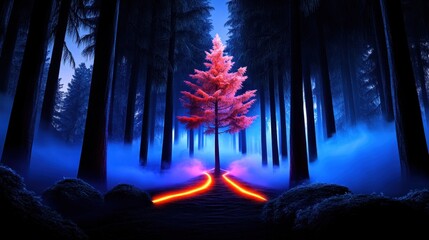 A narrow forest path bathed in eerie light waves that flicker between the trees, with the soft glow of the trunks casting strange reflections and adding to the haunting allure of the scene.