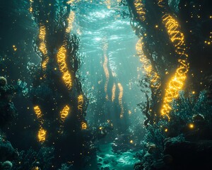 Fototapeta premium Serene underwater ecosystem DNA spiral forming kelp forest glowing bioluminescent light intricate molecular detail photo realistic texture cinematic natural lighting golden tone ultra detailed