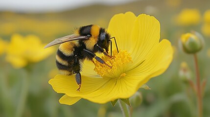 Bumblebee rests on a yellow flower with its wings out