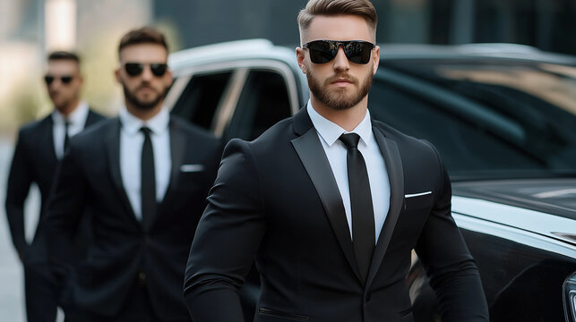 Bodyguards protecting vip person staying near luxury car