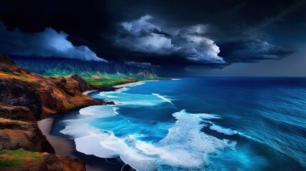 Fototapeta premium A dramatic aerial view of a dark and moody coastline, with large, powerful waves crashing against jagged cliffs, and dark clouds gathering above the vast ocean.