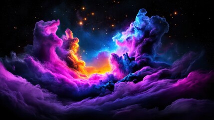 Obraz premium A mesmerizing scene of vibrant violet nebula clouds, shimmering golden cosmic dust, and distant twinkling stars illuminating the vast galaxy.