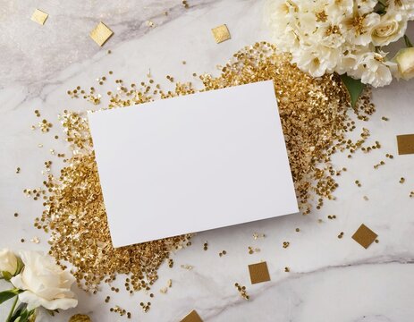 Elegant flat lay with a blank card surrounded by gold confetti and white flowers.