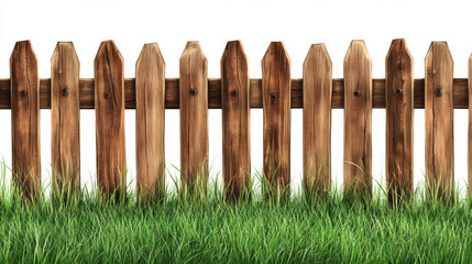 Fototapeta premium Brown wooden picket fence with green grass isolated on white background. Vector realistic illustration of farm or garden barrier from wood boards on field, meadow or lawn