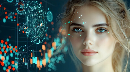 Woman, futuristic interface, data analysis, technology background, AI