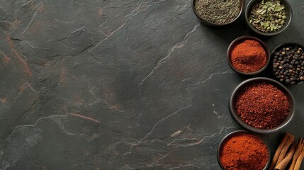 Assorted Spices and Herbs in Bowls on Dark Stone Background for Culinary Use and Decoration
