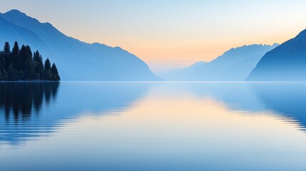 Fototapeta premium Calm Lake Reflecting Mountain Landscape at Dusk with Soft Light