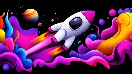 A naive, hand-drawn spacecraft with bold, vibrant strokes, zigzagging through a dreamy cosmic scene filled with oversized stars and planets.