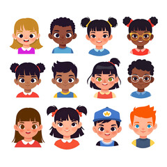 A set of 12 illustrated avatars featuring diverse children with various hairstyles, facial expressions, and accessories. Colorful and cheerful cartoon-style.