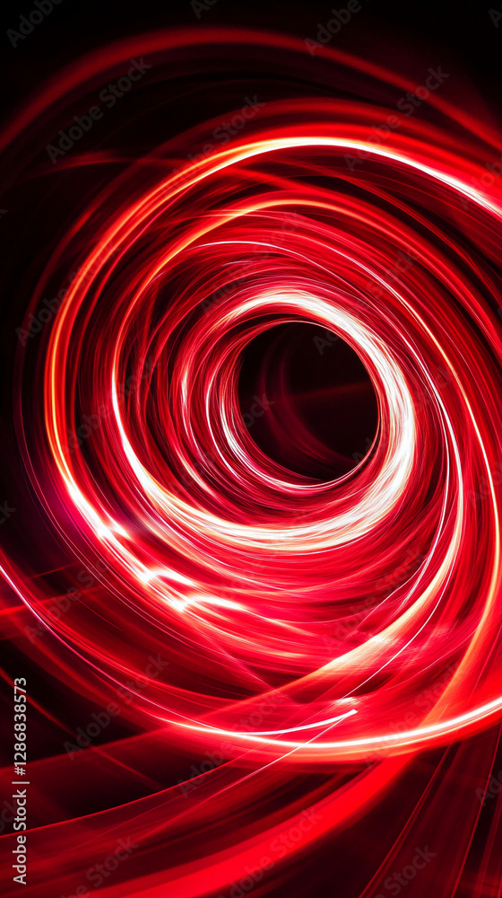 Poster abstract red and white light spiral with dynamic movement forming a vortex, symbolizing energy, moti