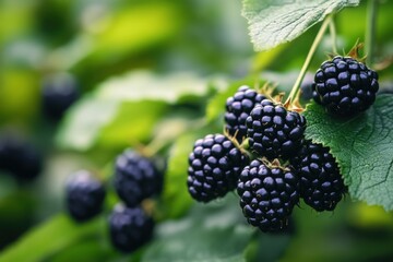 Ripe blackberries growing on a branch in the garden