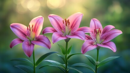 Beautiful Pink Lily Flowers Blooming in Garden with Sunlight and Greenery