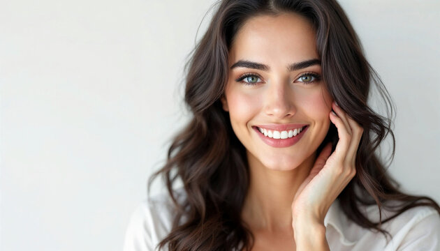 A confident woman in a white blouse smiles warmly against a clean, minimalistic background.