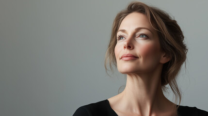 Fototapeta premium Portrait of a Calm and Serene Middle-Aged Caucasian Woman with a Subtle Smile Against a Soft Light Gray Background