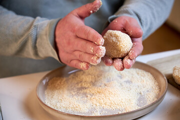 potato cutlets in breadcrumbs , cooking process