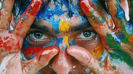 Fototapeta premium Close up of person face and hands covered in vibrant paint artistic expression and creativity theme