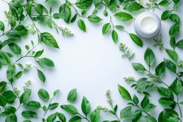 Fototapeta premium A minimalistic arrangement of green leaves surrounding a jar of wormwood-infused face cream on a light background