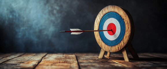 Wooden archery target with a single arrow stuck in the bullseye, representing focus, precision, and the concept of achieving goals in sports or target practice