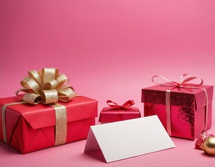 A festive arrangement of beautifully wrapped gifts in red with gold accents on a pink background.