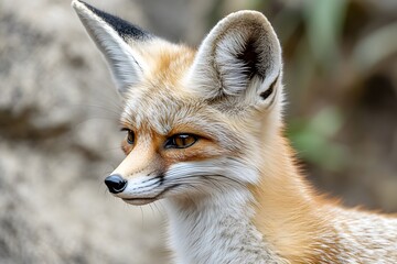 high-resolution macro shot of a fox's head with sharp ears, golden fur, and mesmerizing amber eyes in warm sunset light