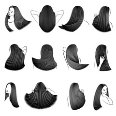 Collection. Straight beautiful hair of a girl. Woman is beautiful and stylish. Lamination and keratin hair straightening. Vector illustrations set.