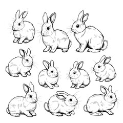 Bunny rabbit in different positions, easter character sheet. High quality photo
