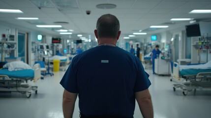 Fototapeta premium A medical professional walks through a bustling hospital hallway, exuding calm amidst high-tech medical gear and critical care rooms.