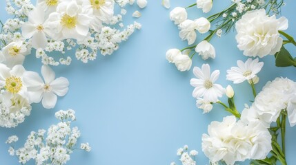 Elegant arrangement of white flowers on a blue table for decor or celebration purposes