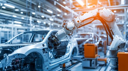 Fototapeta premium Robotic arm assembling car parts, showcasing precision and efficiency in modern manufacturing. 