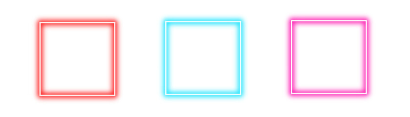 Neon square collection. Futuristic neon lights. Red, blue, pink glowing frames. Shiny light...