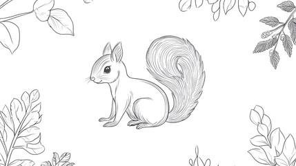 Line art illustration of a cute squirrel surrounded by leaves, whimsical nature design, black and white, copy space